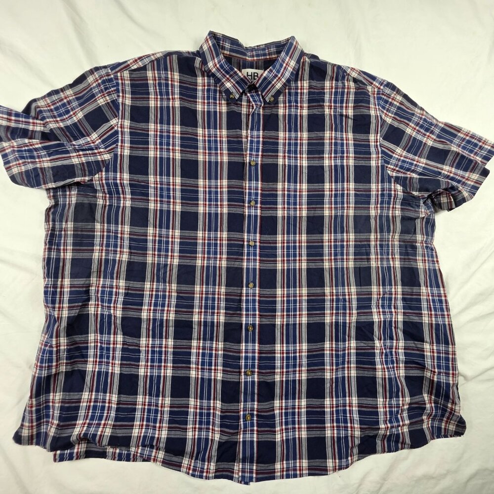 HB Mens Size 4XL Blue Red Plaid Short Sleeve Button Down Shirt Casual Wear